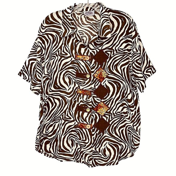 Vtg Zebra Safari Button Shirt‎ Women Large Lagenlook Lightweight Artsy Eclectic - Picture 1 of 11